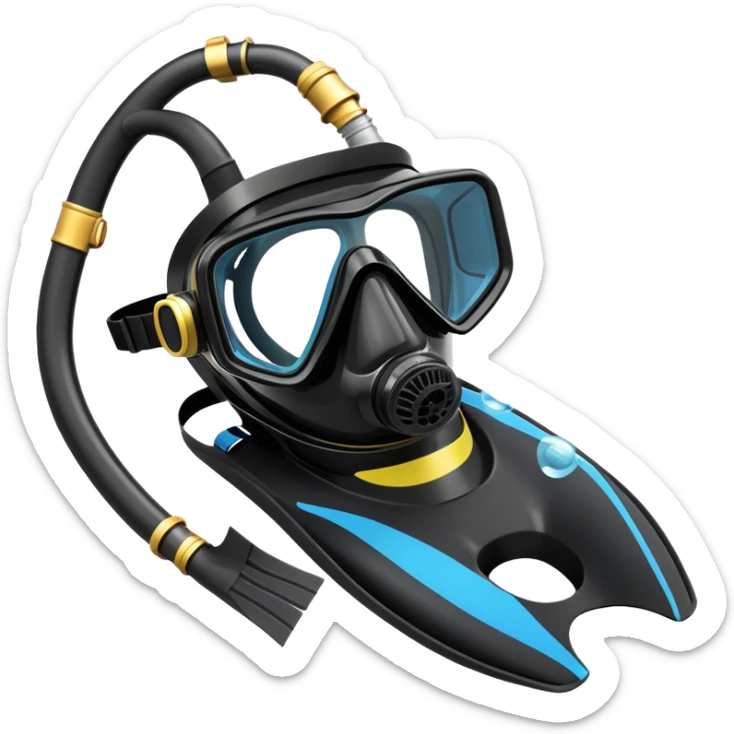 An icon featuring a close-up of a scuba mask, snorkel, and diving fins, with bubbles rising from the gear. The design includes a wetsuit and underwater light rays filtering through the water. Transparent background highlights the essence of diving and underwater exploration. sticker