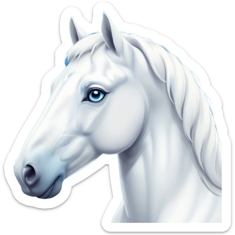 Cinematic Noble White Horse Portrait Emoji, Poised and regal, with a strong, athletic build and a pristine, well-groomed pure white fur, deep-set soulful blue eyes, Simplified yet sharp and sophisticated features, highly detailed, glowing with a soft, dignified glow, high shine, intelligent and majestic, stylized with an air of ethereal grace, focused and attentive, soft glowing outline, capturing the essence of a watchful and confident steed, so majestic it feels as though it could gallop out of the screen with effortless authority! sticker