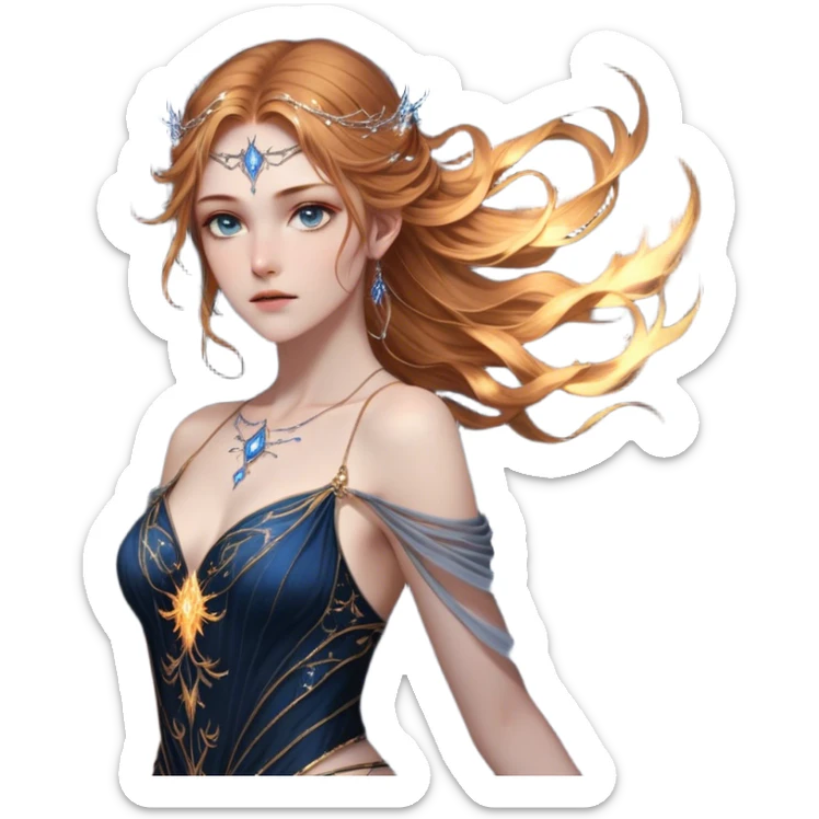 A fierce yet ethereal female High Fae with golden-brown hair cascading down her back, streaked with hints of sunlit gold. Her sharp, striking blue-gray eyes hold an unyielding fire. She wears a flowing black gown with constellations embroidered in silver thread, draping elegantly over her graceful frame. Her delicate hands bear golden tattoos, symbols of ancient magic binding her fate sticker