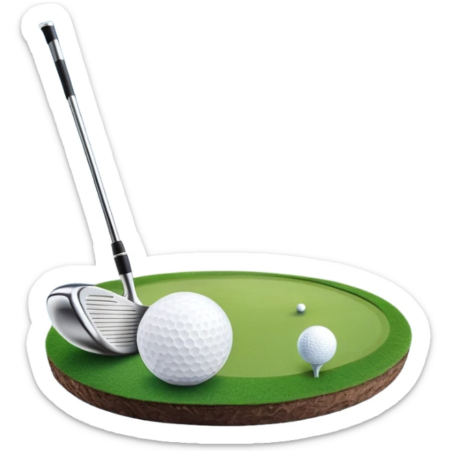 A golf ball on a tee, with a golf club placed beside it on the lush green fairway. The background shows a serene golf course with neatly trimmed grass and a clear blue sky, emphasizing the elegance and precision of the game. sticker