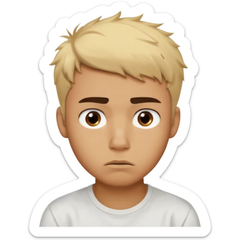 caramel skin color. Teen age. Short buzz, messy blonde hair, dark brown bushy eyebrows large expressive golden-brown eyes, brown skin color, scar over nose, wearing a plain white t-shirt. 20 year old male. Disappointed thinking facial expression. caramel skin color.  sticker
