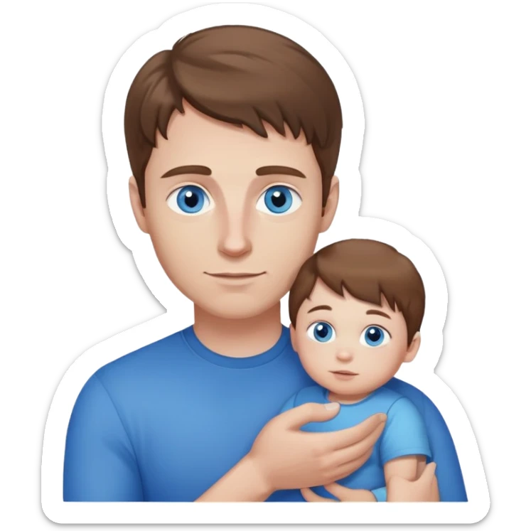 A white man brown hair, blue eyes with a small child with fair hair and blue eyes in his arms is peeping, the emphasis is on the eyes, white skin sticker