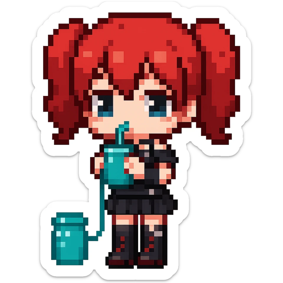 Make the character more chibi with red cherry hair instead of red curly hair, keep the goth style, and depict her drinking water. The style should be pixel art with no background. sticker