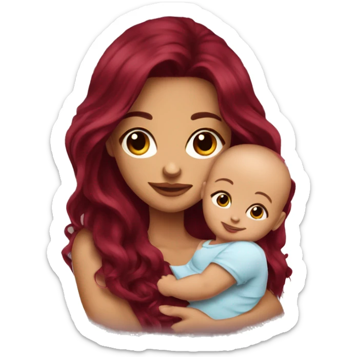 Beautiful tattooed burgundy long haired woman holding a baby sticker