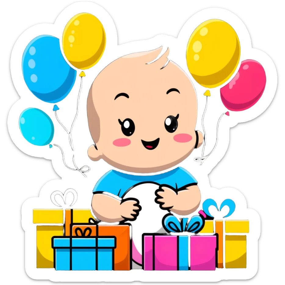 happy baby surrounded by birthday presents and colorful balloons sticker