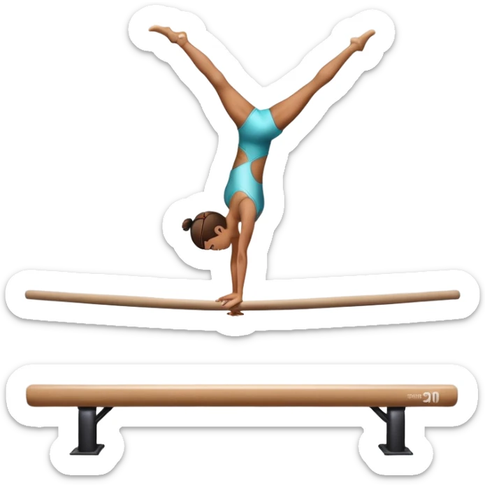 An artistic emoji of a professional sports acrobat performing a stunning balance pose on a narrow beam. The acrobat showcases perfect control, flexibility, and strength, executing an elegant handstand. The background features a bright gymnastics arena with spotlights. sticker
