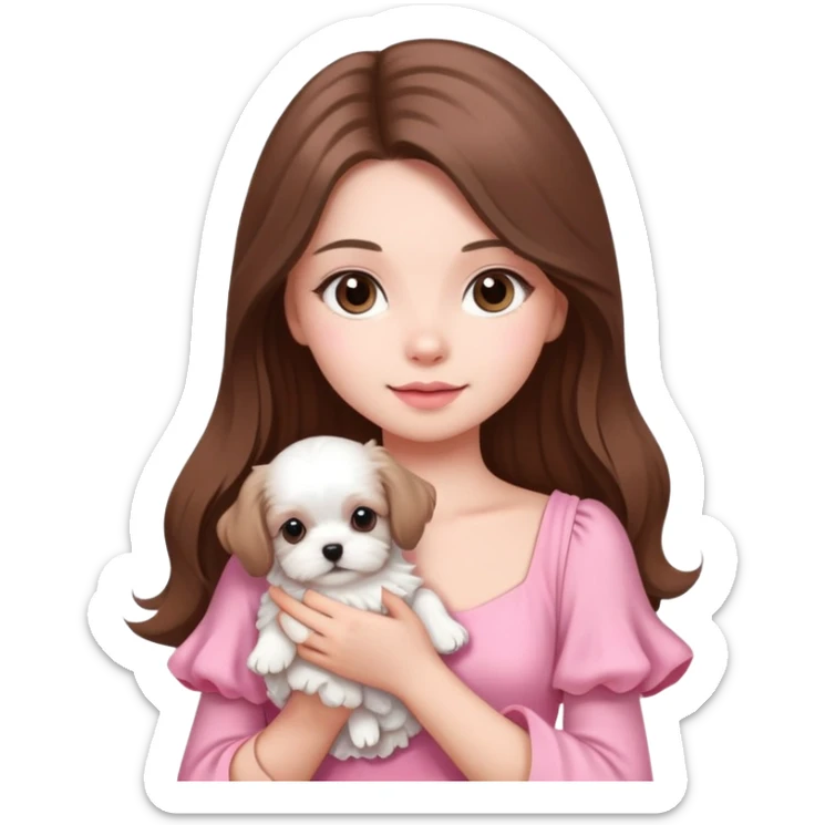 beautiful girl with long hair wearing pink dress holding a white Maltese puppy sticker