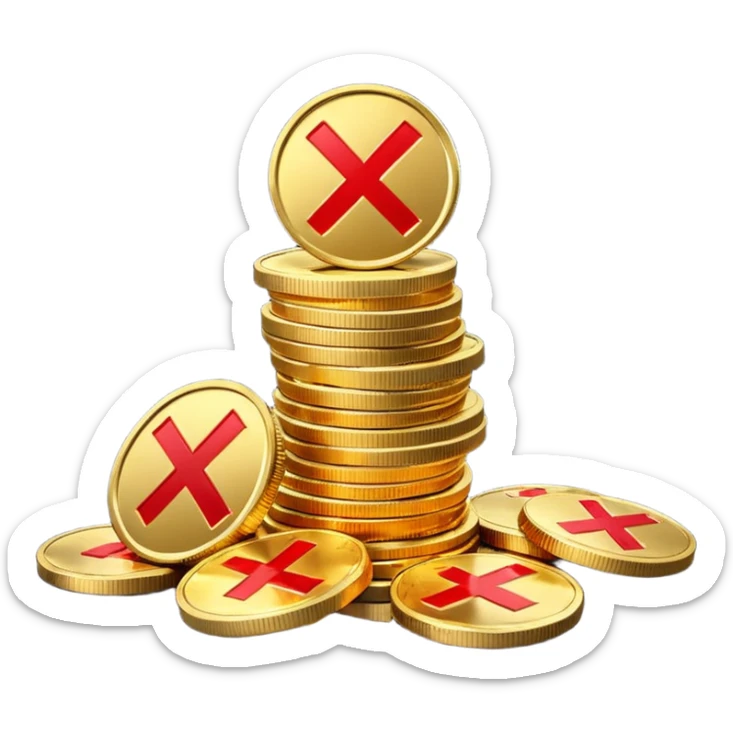 A stack of shiny gold coins without any symbols on top, crossed by a red prohibition sign (no symbol). Apple Emoji style, 3D look, soft reflections, clean white background, high-quality rendering, realistic lighting and shadow, smooth gradients, no text or logo. sticker