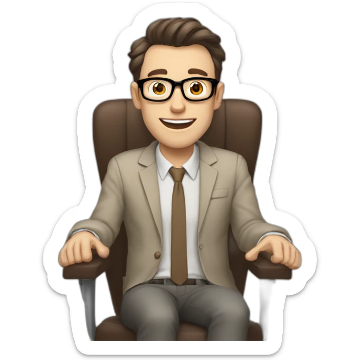 Joyful Pale skinned Fit Man With dark brown hair in gray jacket, beige office shirt, Brown pants and vintage glasses sitting In a soft chair. His thrumbs up sticker