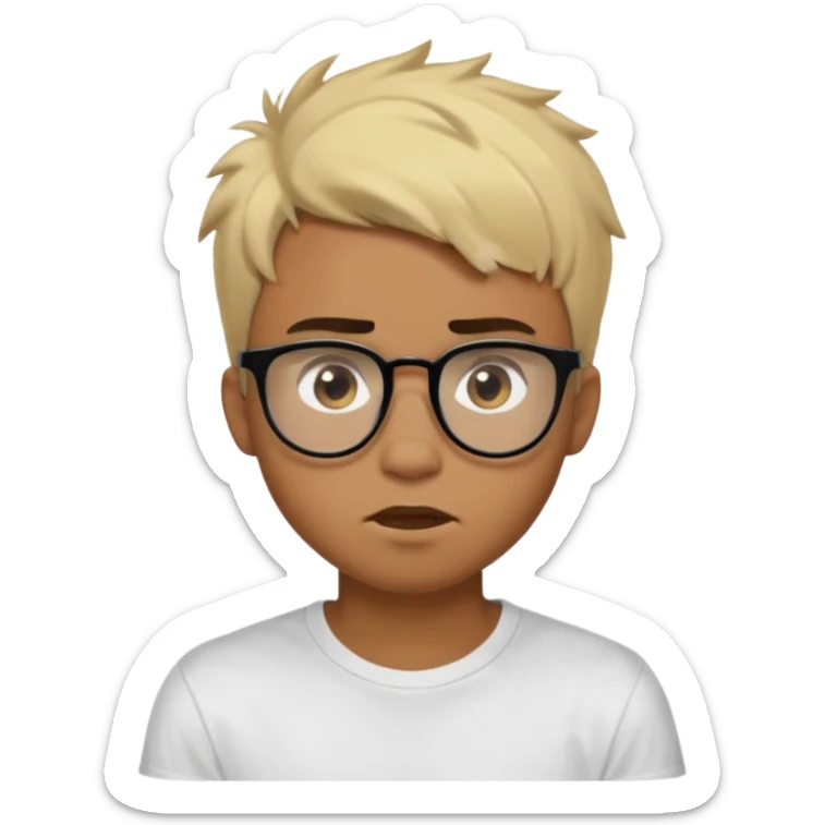 Teenager. Short buzz, messy blonde hair. Dark brown bushy eyebrows large expressive golden-brown eyes, brown skin color, scar over nose, wearing a plain white t-shirt. wearing clear thick black glasses. 20 year old male. wacky facial expression. brown skin color.  sticker