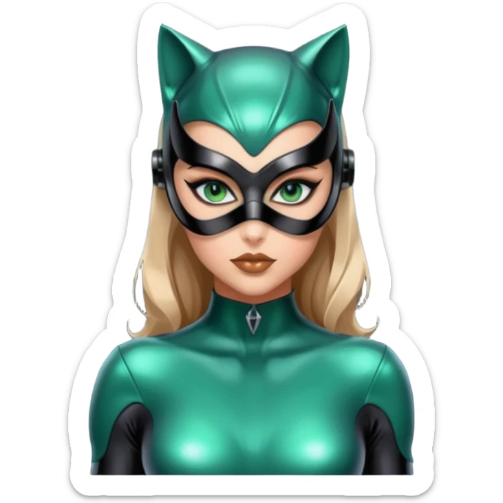 Full body Futuristic Catwoman big blue green eyes with shiny patent leather mask, long false eyashes, most incredible highly detailed Futuristic seductive overall appearance  sticker