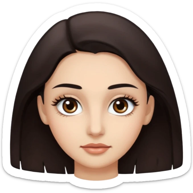 Rostro de forma ovalada con facciones delicadas. Ojos grandes y expresivos de color café oscuro, con pestañas largas y definidas. Cejas oscuras, pobladas y bien formadas. sticker