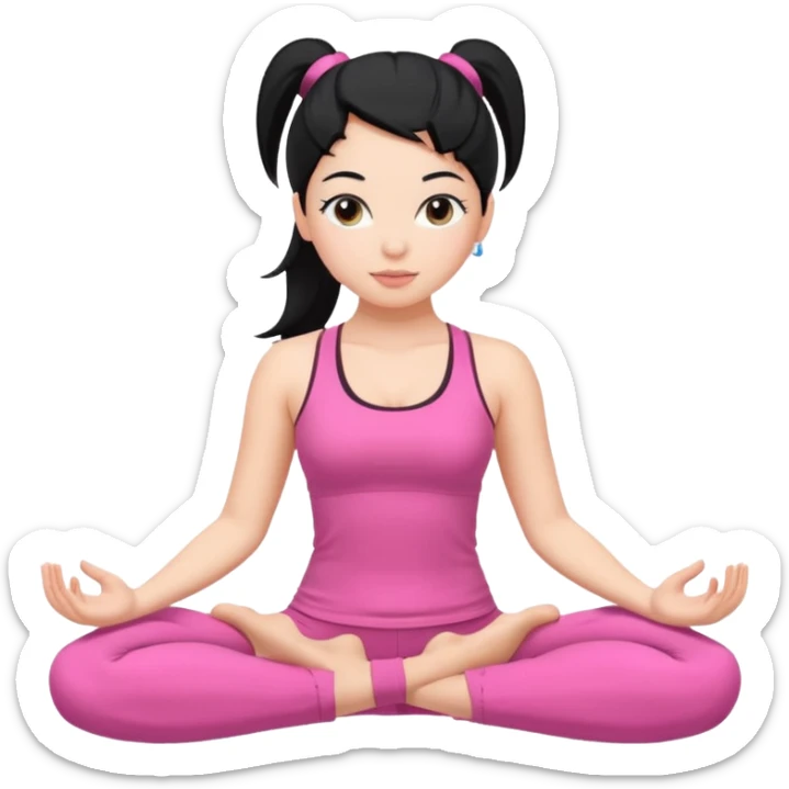 Una chica blanca con pelo negro recogido en una coleta haciendo yoga con un traje rosa  sticker
