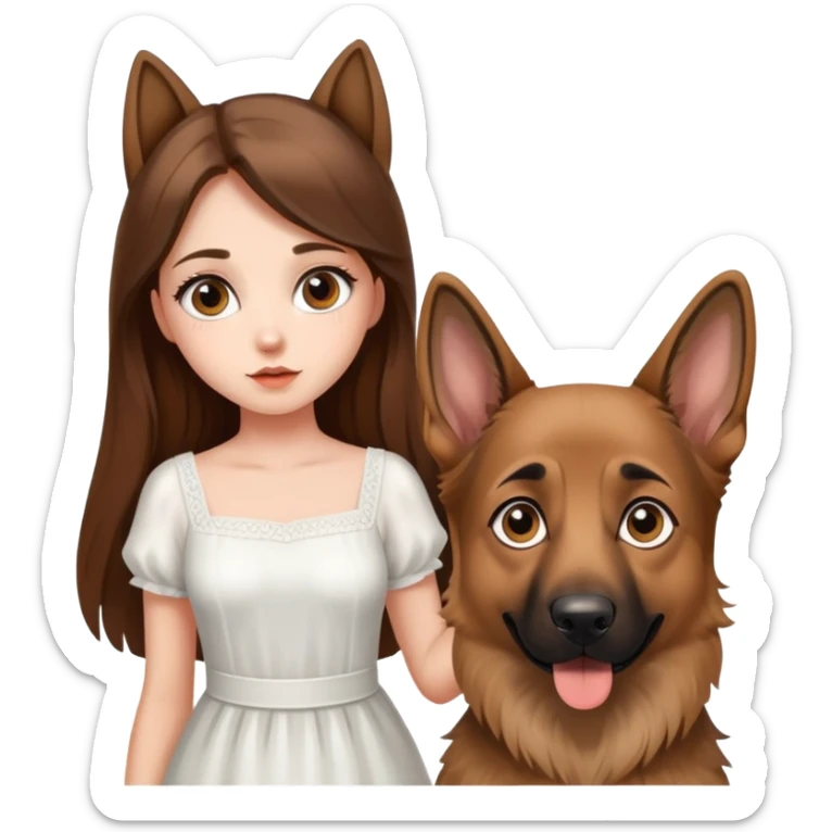 A beautiful girl with big eyes, fair skin, long brown hair with white dress and a German Shepherd dog sticker