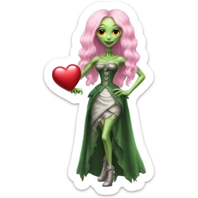 a green alien woman in Victorian white gold, pink hair,holdig, red big hearth, full body sticker