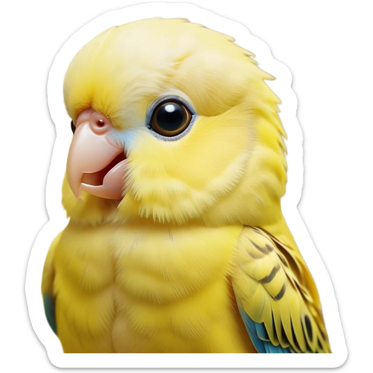 Cinematic Cute Yellow Budgie Portrait Emoji, Head tilted playfully and inquisitively, featuring a radiant yellow feathered fur with a natural sheen, round, sparkling dark eyes filled with curiosity, Simplified yet irresistibly adorable features, highly detailed, glowing with a warm, friendly glow, high shine, affectionate and lively, stylized with a touch of whimsy, bright and endearing, soft glowing outline, capturing the essence of a mischievous yet loving budgie, so playful it feels like it could chirp out of the screen and into your arms! sticker