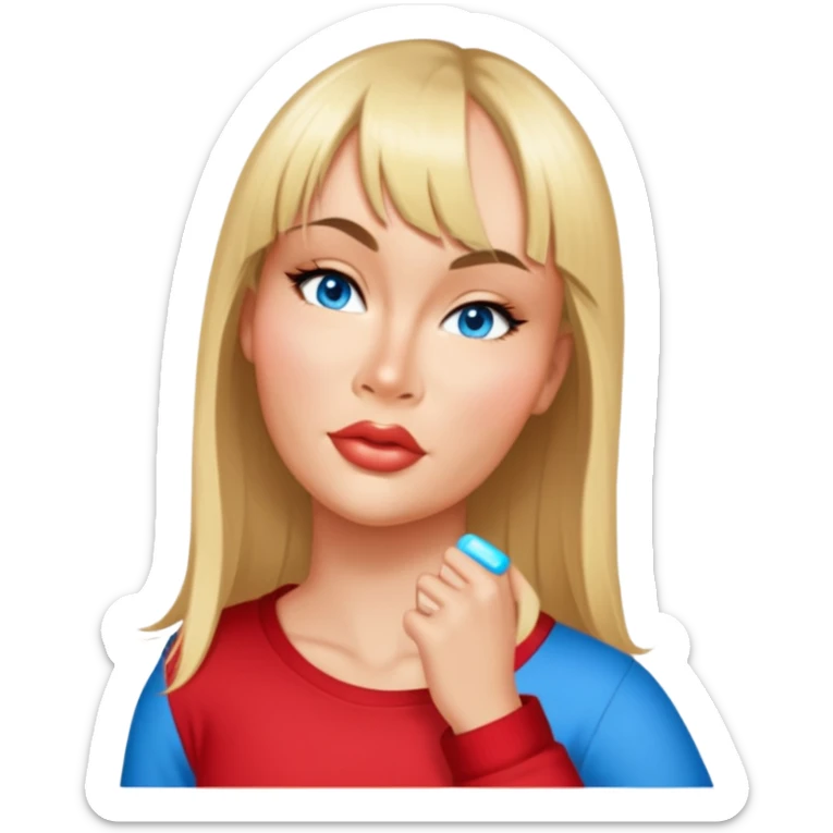 female, wearing red shirt, long mittle-blonde hair with thin bangs sticker