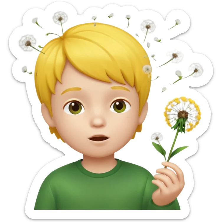A 3D cartoon child blowing on a dandelion, seeds flying in the air, sunny garden background, realistic Memoji-style. sticker