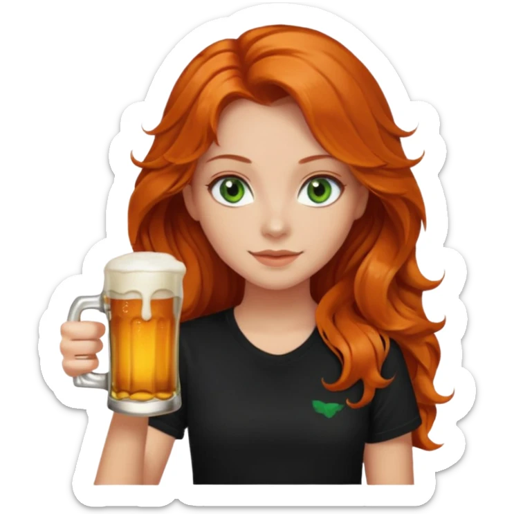 Girl with dark long orange wavy hair, green eyes, and black t-shirt with beer on hand sticker