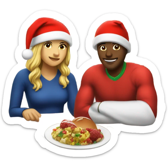 Sports emoji couple, man and woman in sportswear, sitting at the New Year's dinner table with a red Christmas hat sticker
