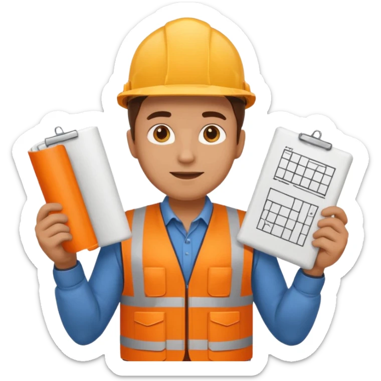 engineer in orange vest and boots, holding a set of plans, emoji style sticker
