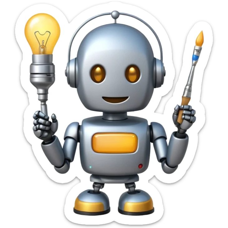 playful 2D cartoon emoji of a smiling robot holding a paintbrush with a glowing lightbulb above its head, clearly indicating AI-assisted creation, in the style of standard Slack emojis sticker