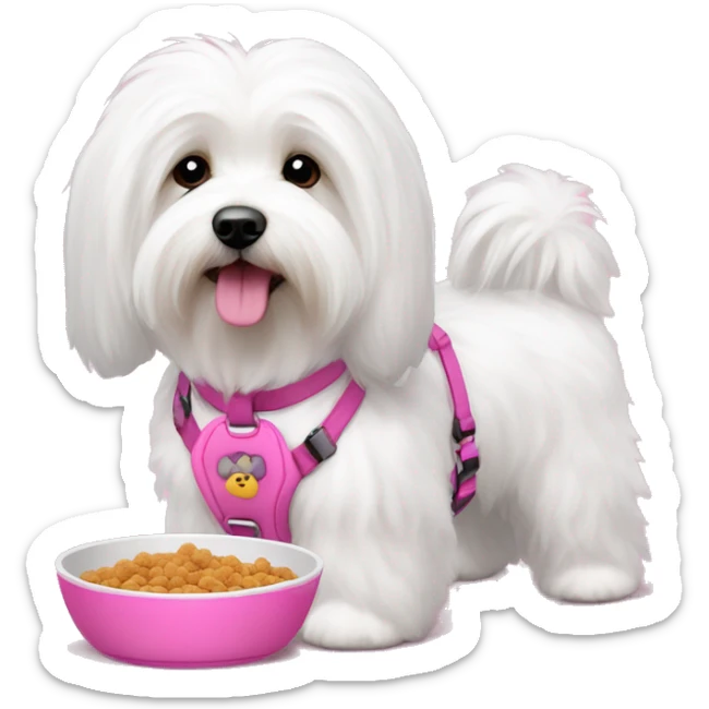 Long haired Coton de Tulear dog with pink harness and pink hair clip, pink dog bowl with kibbles sticker