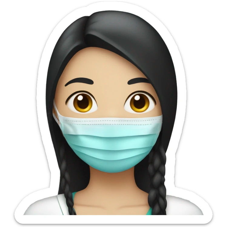 White skin woman with black straight long hair wearing medical mask   sticker
