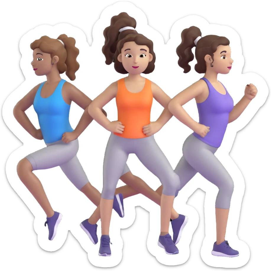 three women friends exercising together, one black woman with curly brown hair, one pale white woman with curly brown hair, and one pale white woman with straight brown hair in a ponytail sticker