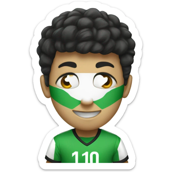 A soccer player with a green shirt with white skin olor with black hair and a number 10 in his green shirt smilijg  sticker