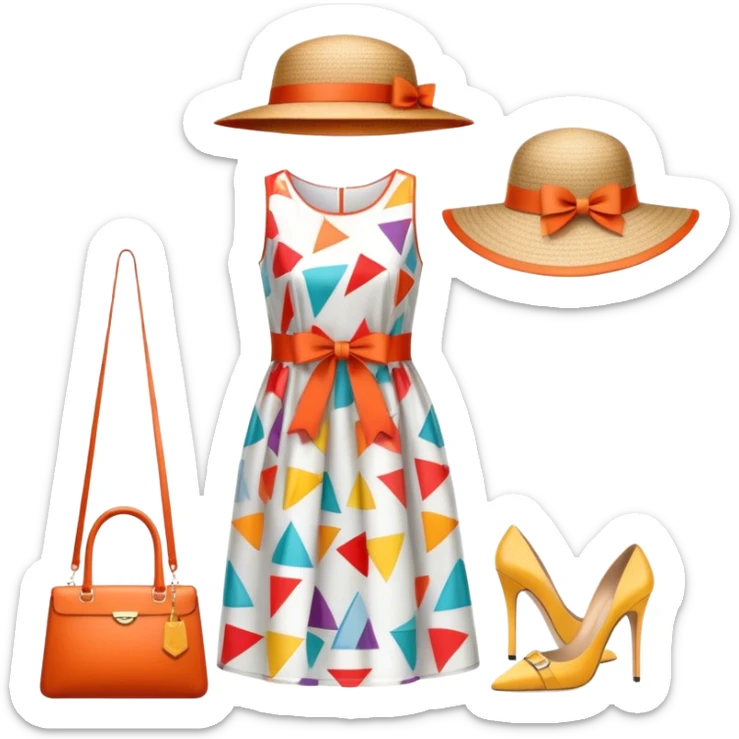 Icon for Fashion Design: a pattern of a bright, beautiful dress with measurements, a ruler, and pencil, along with a hat, shoes, and a handbag. The icon should represent fashion design with attention to detail and style. Transparent background. sticker