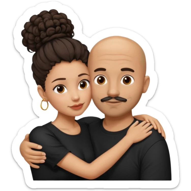 A picture of a tanned couple embracing. the man is a Mexican man with tanned skin, a bald hair cut, short beard and wearing a black shirt. the woman is mixed, with curly dark brown hair in a big messy bun and with big boobs  sticker