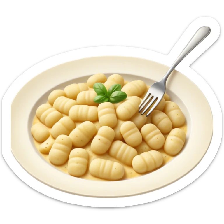 Gnocchi Cinematic Realistic Gnocchi Dish Emoji, depicted as tender oblong potato gnocchi garnished with iconic fork marks on top, rendered with soft textures and warm, inviting lighting. sticker
