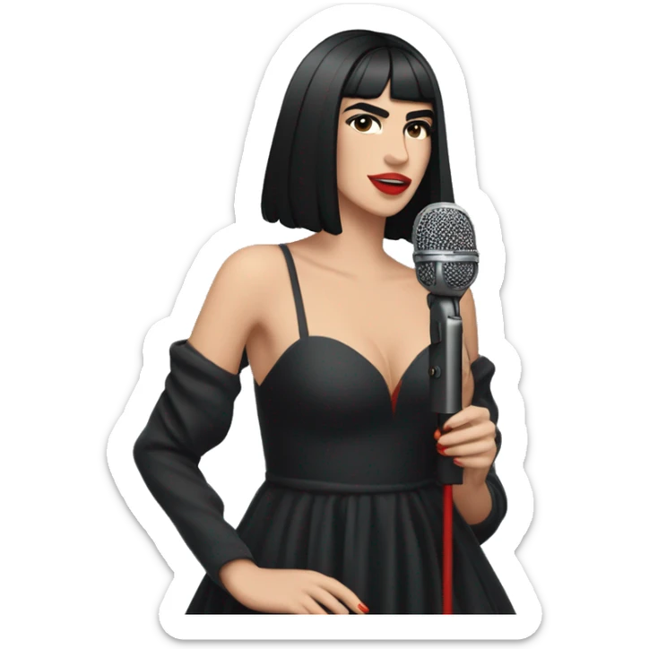 Dua Lipa, full body with black hair, wearing a long black dress with red shoes, singing with microphone in her hand sticker