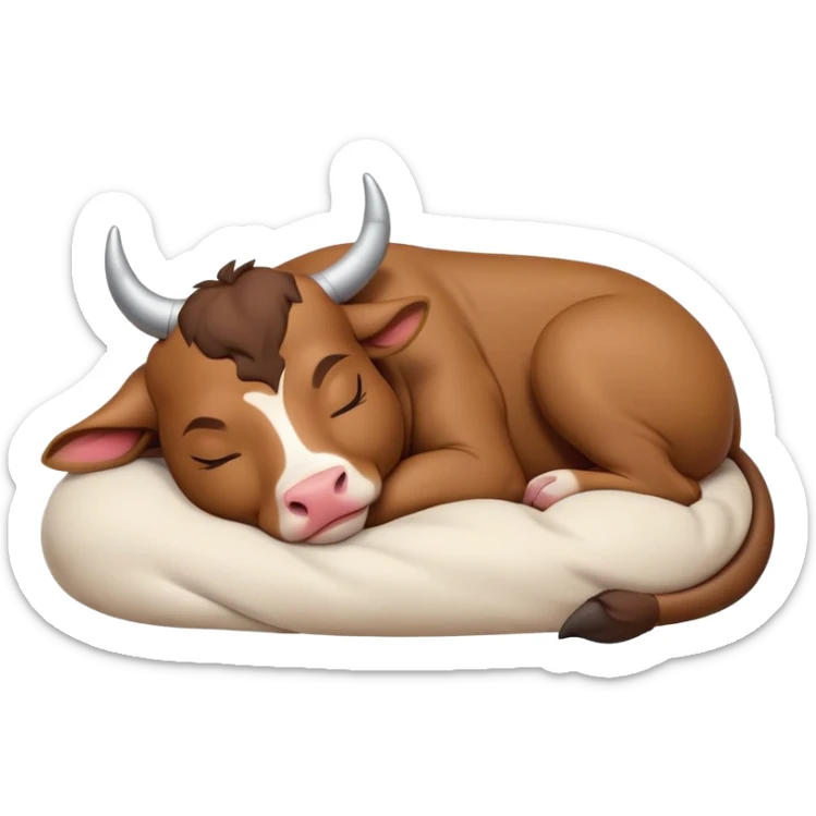 meme-worthy-cute-sleeping-domestic-bull-portrait-emoji,-head-resting-peacefully-with-a-contented-smile,-showcasing-a-robust,-muscular-build-and-a-luxuriously-soft-coat,-eyes-gently-closed-in-serene,-restful-slumber,-simplified,-solid-brown sticker