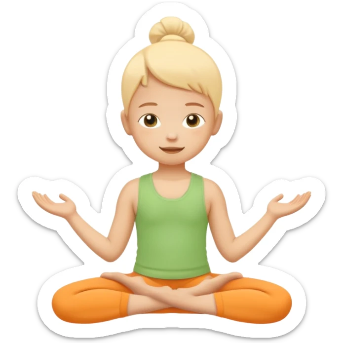 Flat illustration emoji of a small child practicing yoga, simple pose, calm and happy expression, soft pastel colors (yellow, green, soft orange), rounded shapes, minimal details, child-friendly, gentle and warm style, vector illustration, no background, cohesive style with kindergarten branding sticker