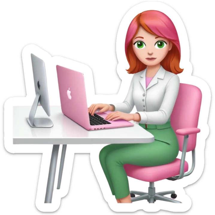 Red head green eyed life coach sat at desk with pink MacBook on pink chair sticker