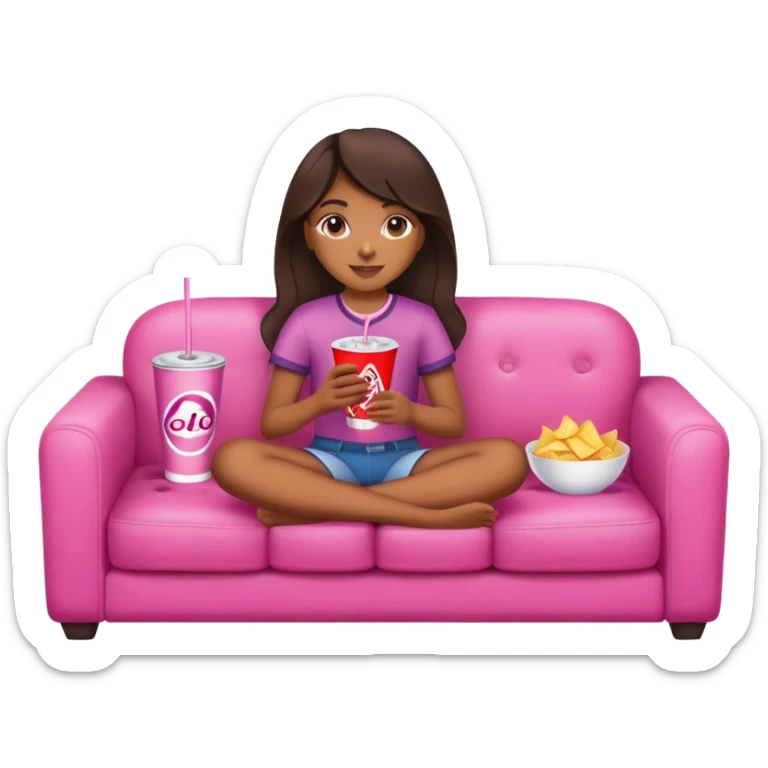 home brown girl with plate of chips and one soda drink, sitting at the pink sofa sticker