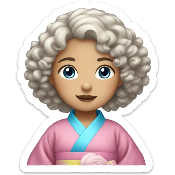curly hair girl with blue eyes wearing korean hanbok sticker