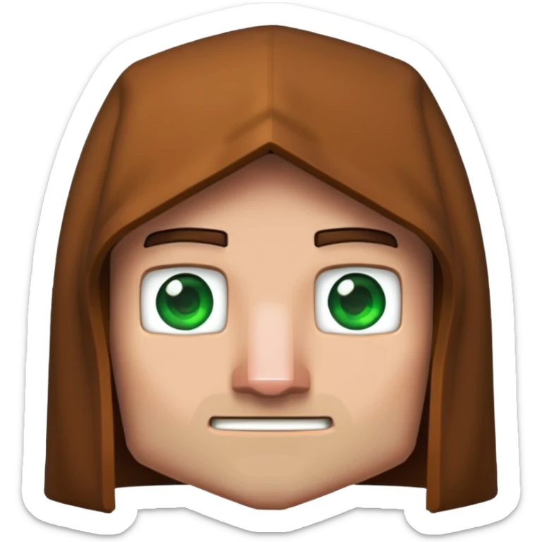 Pixel art 2D emoji of a Minecraft villager face, with brown hood, big nose, green eyes, and blocky edges in Minecraft style sticker