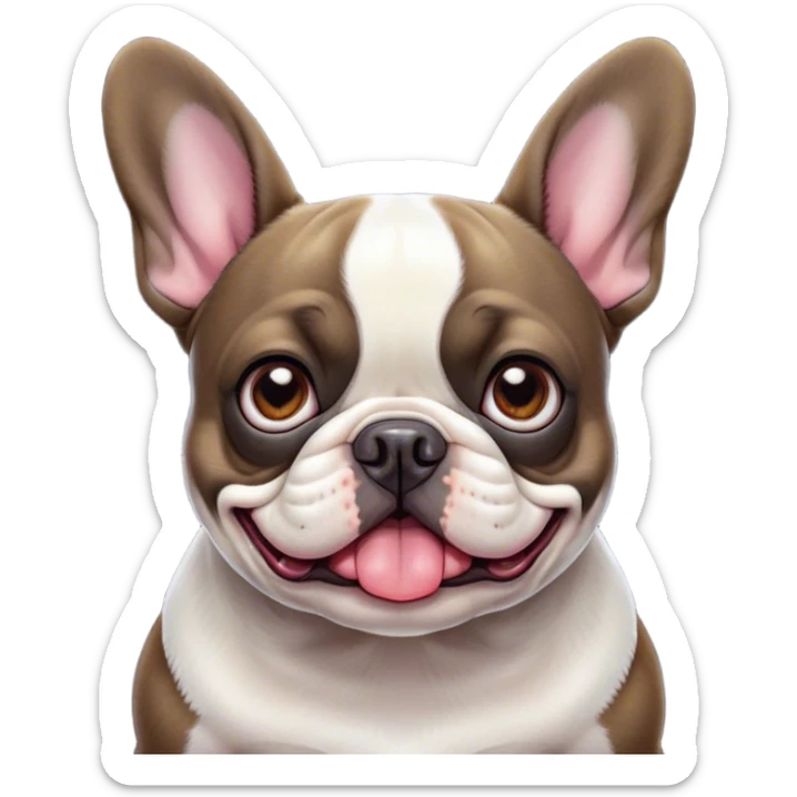 Cinematic Comical Pied French Bulldog Portrait Emoji, Head tilted with an exaggeratedly shocked, comical expression and wide, humorously expressive eyes, showcasing a distinctive pied fur of contrasting hues and a charmingly goofy face, simplified yet hilariously detailed, glowing with a sassy, playful radiance, high shine, exuding a mischievous and meme-worthy charm, styled with a soft glowing outline, capturing the essence of a Pied French Bulldog that looks ready to spark a viral laugh! sticker