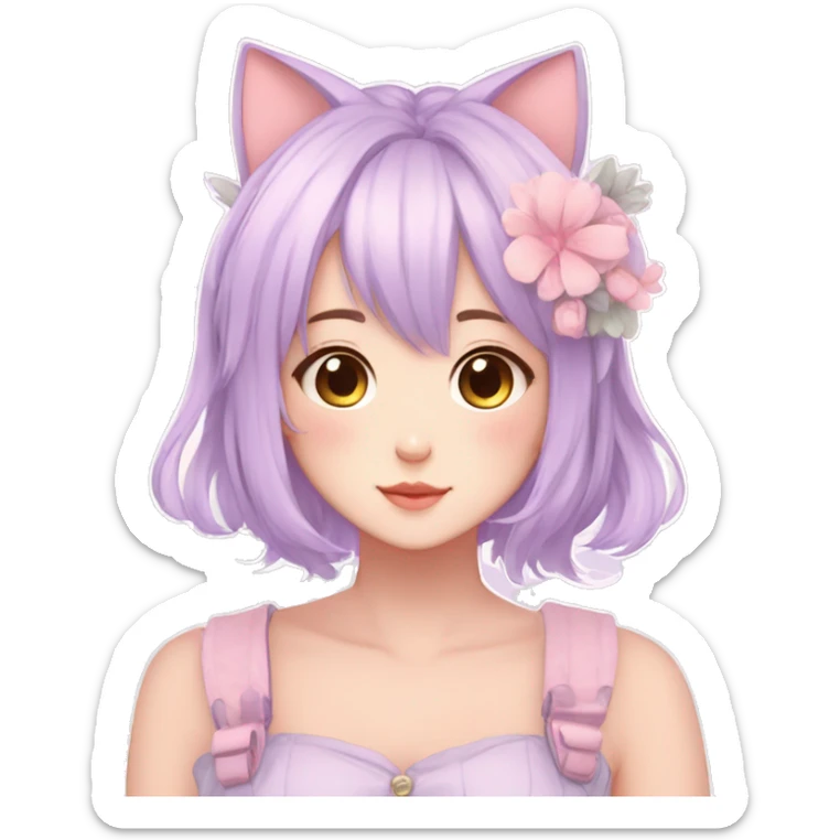 Gorgeous pastel anime girl with blushing face and hair garnitures and pretty hair and cat ears aesthetic trending style sticker