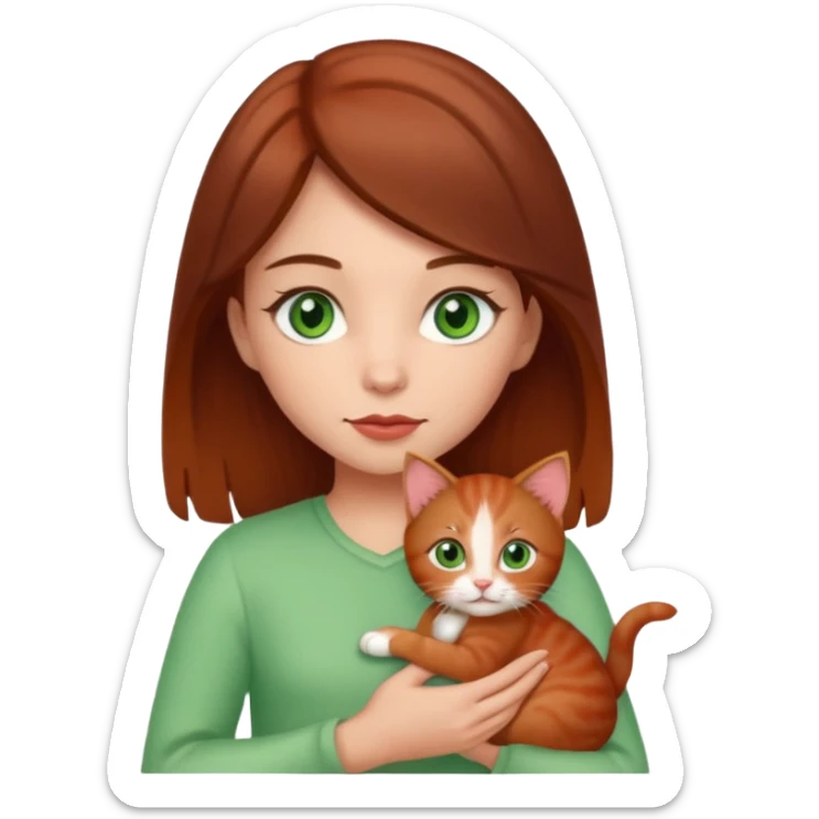 A girl with green eyes and brown hair is holding a red kitten sticker