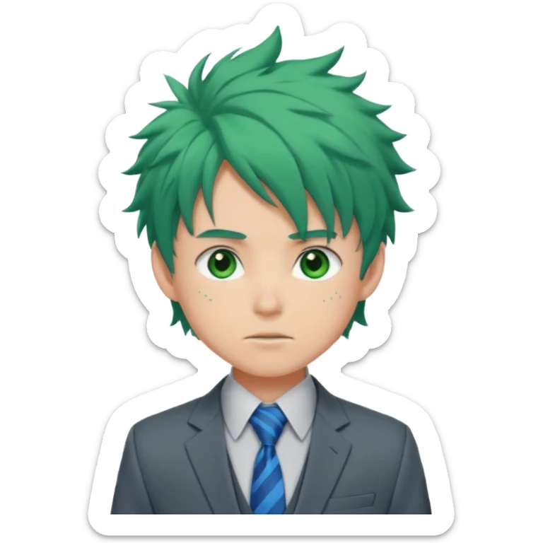 deku : boy anmie green hair green eyes in a ua gray jacket and blue tie suit with frenkles messy hair sticker