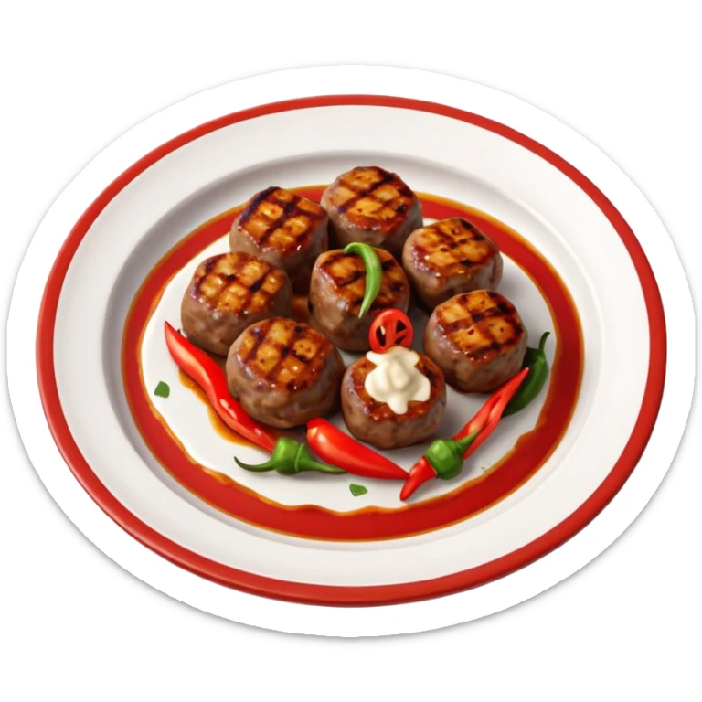 Akçaabat meatballs object icon, grilled Turkish kofte pieces on a plate, smoky char marks, juicy texture, served with grilled peppers and tomatoes, 3D cartoon, mobile game icon style, centered, clean background, no text, no watermark
 sticker