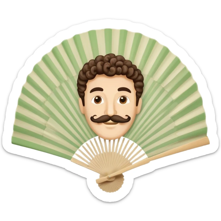 Paper hand fan with Italian man face with curly mustache printed on the fan surface sticker
