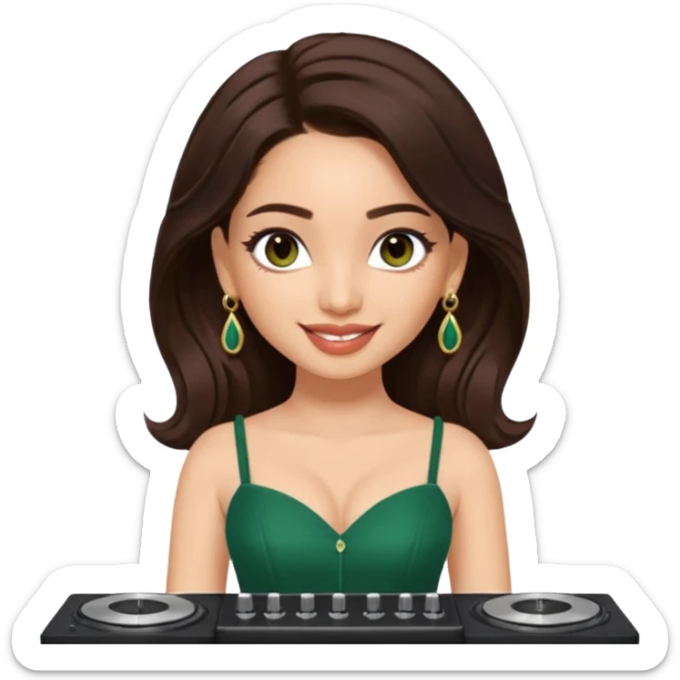 pretty bratz genmoji that looks like tamannah bhatia (bollywood actress), wearing a dark green sweetheart neckline top, dark brown hair, light makeup, no necklace, dangly earrings, side hair part, dark brown eyes, djing sticker