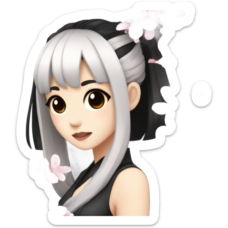 Anime girl with black hair holding a cherry blossom and black eyes sticker