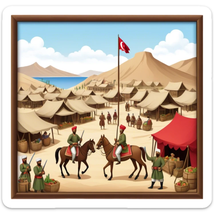 Early Ottoman settlement being built. Wooden houses, tents, and a small market. People in traditional Ottoman clothes, soldiers on horseback, and a flag waving sticker
