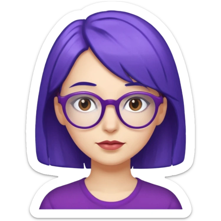 Cartoon adult woman with purple glasses, brown eyes, and blue medium length hair sticker